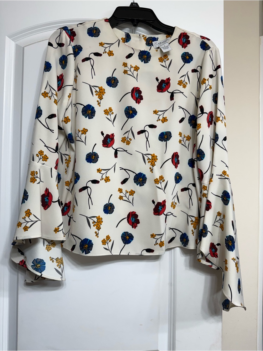 Calvin Klein Ivory Floral Bell-Sleeve Blouse with Blue, Red & Yellow Flowers